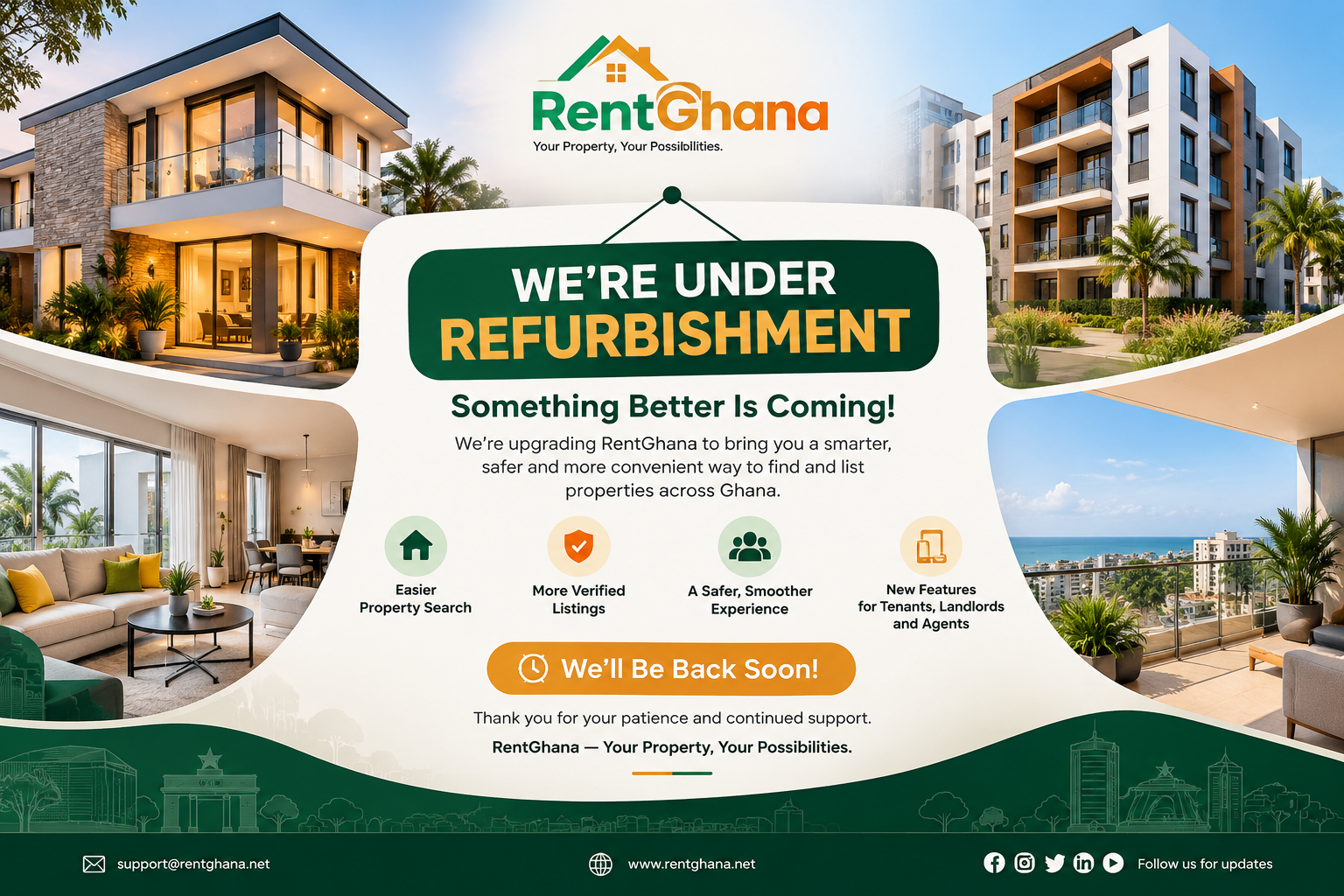 RentGhana refurbishment announcement, illustrated with modern houses and apartments. Something better is coming. We'll be back soon.